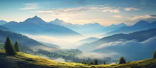 A breathtaking natural landscape painting capturing a mountain range shrouded in fog and clouds, with a dusky sky and afterglow in the background