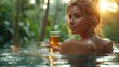A woman relaxes in a hot tub with a glass of beer in hand, surrounded by plantfilled landscape. The wood tableware contrasts with the natural fluid of the water