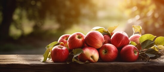 Wall Mural - A bunch of apples, a staple food and superfood, resting on a wooden table. These seedless fruits are natural, plantbased ingredients full of nutrients