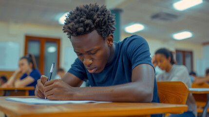 Wall Mural - A young male student with glasses engrossed in writing during a classroom exam.