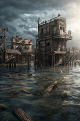 Wall Mural - Fantasy landscape with old wooden houses on the river