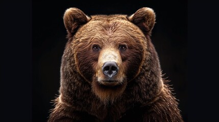 Wall Mural - majestic brown bear front view on a black background highlighting the fierce and powerful nature