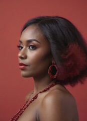 Wall Mural - An african american dark skinned woman with red hair and red earrings. She is wearing a red necklace