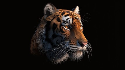 Wall Mural - close up of a tiger portrait with a black background showcasing its detailed stripes and fierce expr