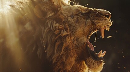 Wall Mural - lion close up shot roaring fiercely in a wildlife setting showing its majestic and powerful nature
