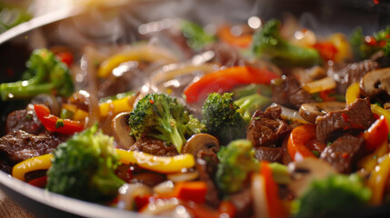 Wall Mural - A stir-fried beef and vegetable dish in a cast iron skillet.