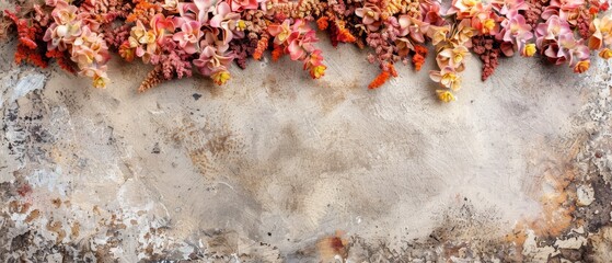 Wall Mural -   Floral display on concrete wall with peeling paint