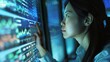 © CinimaticWorks - financial market data analysis by female analyst on screen highlighting investment insights and trading trends with business and economic evaluation