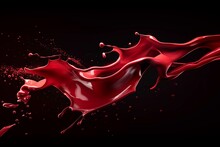 Red Paint Splashes On A Black Background, Red Liquid Splashing And Flowing In The Air In The Style Of A 3D Rendering Illustration Of Abstract Shapes And Designs With Empty Space For Text Or Decoration