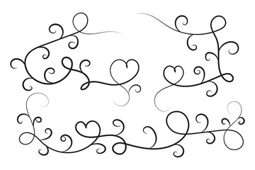 Wall Mural - 
Filigree curly Calligraphic Heart, Fancy Line Flourishes Swirls hearts, curve romantic love sign, Valentines Day divider flourish Swirl, Calligraphy Flourish lettering header hearts scroll vector