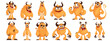 Set of orange furry monsters with cute, quirky, funny and evil emotions, funny and unique shape. A furry monster with horns poses. Bizarre orange creature. Cartoon vector.
