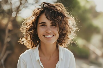 Wall Mural - Young woman with frizzy brown hair smiling in nature wearing a white shirt exuding natural beauty. Concept Casual Outdoor Photoshoot, Natural Beauty, Young Adult Fashion