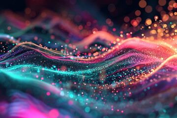 Wall Mural - Waves of vibrant color against a black background. abstract background with multicolored particles and lines twisted design background of curved lines and particles.