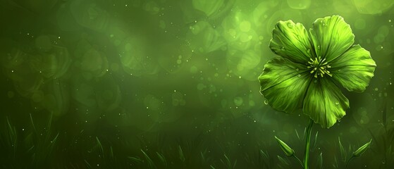 Wall Mural -   Green field of grass, lush and vibrant, with a large, radiant green flower at its center, dotted with droplets of sparkling dew on its delicate pet