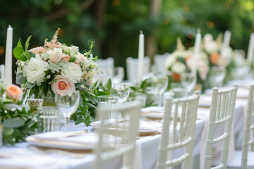 luxury elegant table setting dinner in a restaurant. Fancy moment fancy time. The Wedding Decor Rustic Style. Table Decoration Setting with Flowers Ivy and Pumpkins