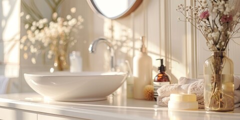 Elegant bathroom interior with natural skincare products on pristine vanity