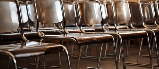 Wall Mural - A row of empty chairs made of wood and metal are lined up in a room with hardwood flooring. The event space features a rectangular table with a glass top and a unique pattern