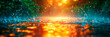 Abstract summer time banner, Sunset reflected on water with raindrops falling, creating ripples. Banner