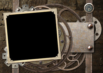 Wall Mural - Grunge retro background in steampunk style with photo frame, vintage metal details, pipelines, gear. Mock up template. Copy space for text. Can be used for steampunk, industrial, mechanical design