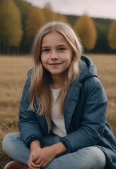 Wall Mural - A young girl is sitting in a field