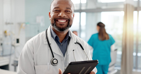 Poster - Hospital, face and black man with a tablet, doctor and typing with website info, internet and consultant. African person, portrait and medical professional with tech, clinic and research with email