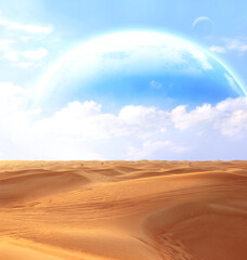 Wall Mural - fantastic scenic with sand desert and planets in sky. beautiful landscape with red sand dunes and th