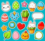 Fototapeta Kwiaty - Set of Easter stickers in kawaii style. Cute eye-catching Easter tag, label collection with cute bunny, egg, plant. Collection of trendy sticker with cartoon characters. Vector illustration EPS8