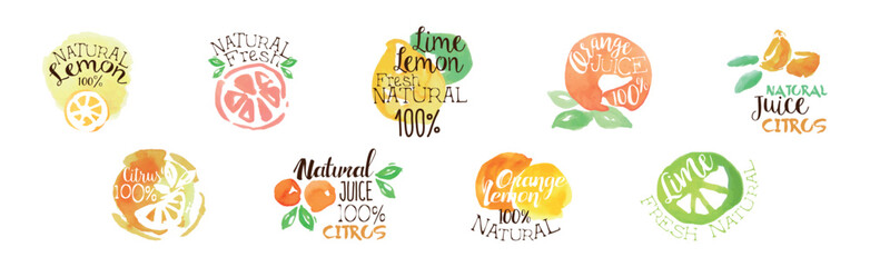 Wall Mural - Juice and Fresh Watercolor Hand Drawn Label Vector Set