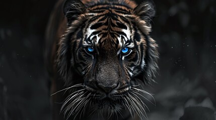 Wall Mural - black tiger with blue eyes closeup on a dark background