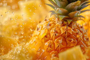 Wall Mural - Fresh ripe pineapple with vibrant splash on golden background