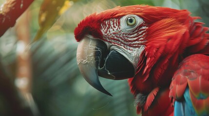 Wall Mural - closeup of a macaw bird perched on a branch with a detailed view of its colorful feathers and striki