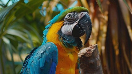 Wall Mural - vibrant tropical macaw bird closeup with bright feathers and focused eye, perched on a branch in a r