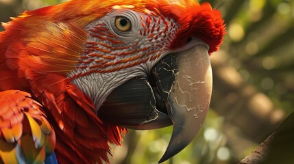 Wall Mural - macaw bird closeup with intricate feather patterns and piercing eye, perched on a tree branch in a j