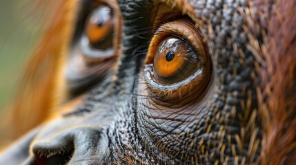 Wall Mural - closeup of sumatran orangutan eyes, forest background portrait, wildlife monkey in natural habitat, 