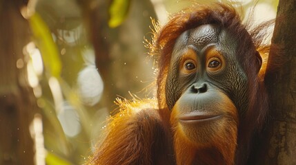 Wall Mural - sumatran orangutan eyes closeup, forest background portrait, wild monkey in jungle habitat, endanger