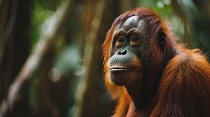 Wall Mural - sumatran orangutan closeup portrait, monkey eyes in forest background, wildlife in jungle habitat, e