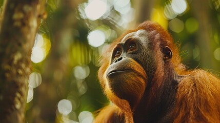Wall Mural - closeup of sumatran orangutan eyes, forest background portrait, wildlife monkey in natural habitat, 