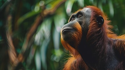 Wall Mural - sumatran orangutan eyes closeup, portrait of monkey in forest background, wildlife in jungle habitat