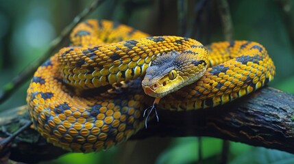 Wall Mural - closeup of viper snake coiled on branch, jungle predator in tropical forest, wild venomous serpent i