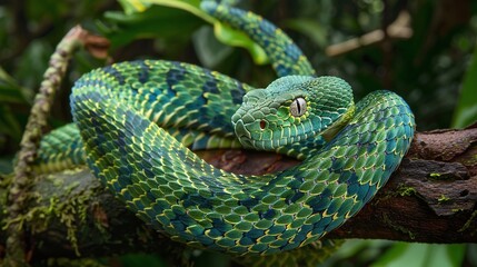 Wall Mural - coiled snake closeup on a branch, viper in the jungle, dangerous predator in tropical forest, venomo
