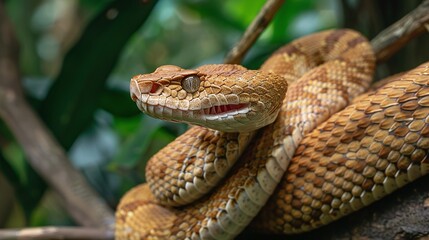 Wall Mural - viper snake coiled on branch closeup, jungle predator in tropical forest, venomous reptile in wild g