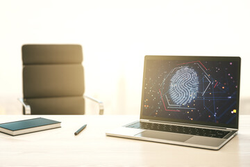 Poster - Modern computer display with abstract graphic fingerprint sketch, fingerprint scan data concept. 3D Rendering