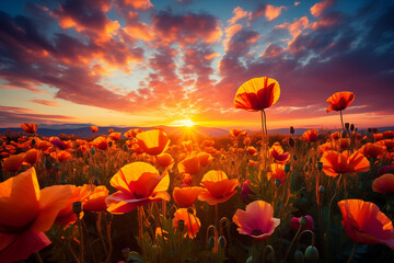 Wall Mural - Poppy field at sunset. A poppy field in bloom