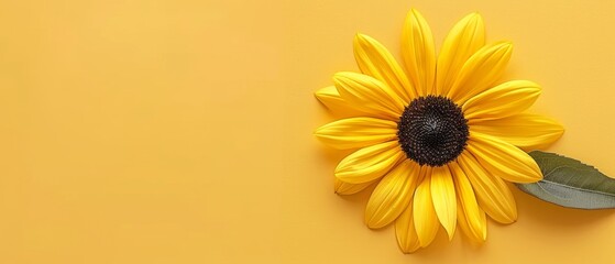   Sunflower on yellow background with two green leaves at the bottom