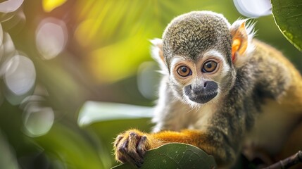 Wall Mural - serene closeup of a squirrel monkey resting in the forest on a tree surrounded by natural wildlife a