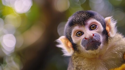 Wall Mural - closeup view of a squirrel monkey resting on a tree in the jungle surrounded by vibrant green foliag