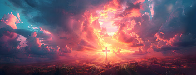 Wall Mural - Christian Easter conceptual religious symbol on a colorful sky at sunset