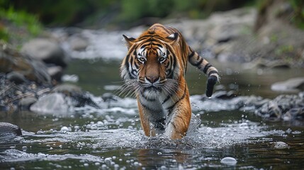 amur tiger walking in river stream in forest dangerous animal in green forest with wild cat in natur
