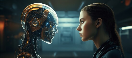 Poster - A woman gazes at a robot, its head tilted slightly. The darkness around them enhances the event. Its like theyre characters in a PC game, a fun mix of art and fiction