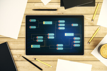 Poster - Top view of modern digital tablet display with abstract software development hologram, research and analytics concept. 3D Rendering